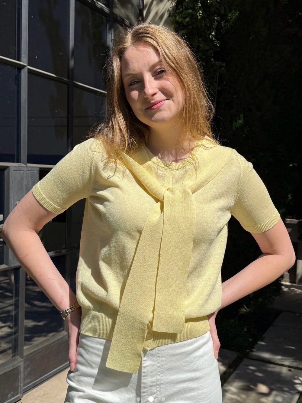 Yellow Short-Sleeve Tie-Neck Knit Top - Women